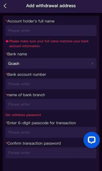 Step 4: Fill in the bank account information and create a withdrawal password